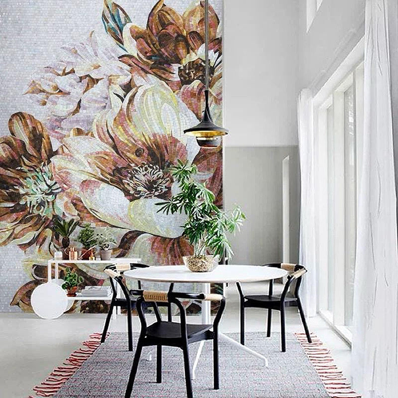Custom mosaic murals with detailed or stylized depictions of flowers, leaves, and vines.