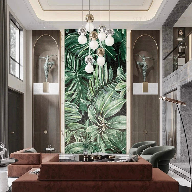 Custom mosaic murals with lush, vibrant murals featuring palm leaves, exotic birds, and rainforest scenes.