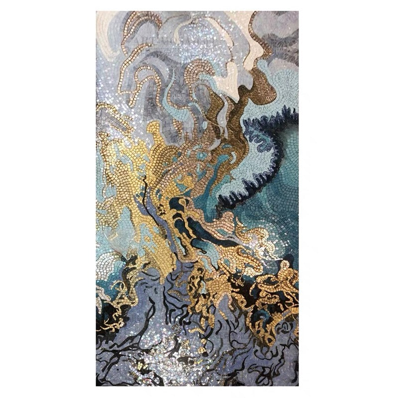 Abstract Gold & Blue Glass Mosaic Wall Art - Custom Luxury Mural