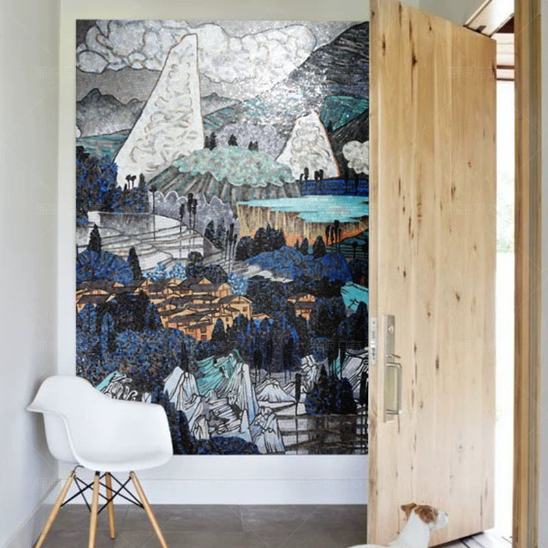 Mosaic artwork of a coastal scene in a modern interior setting with a white chair and wooden door.
