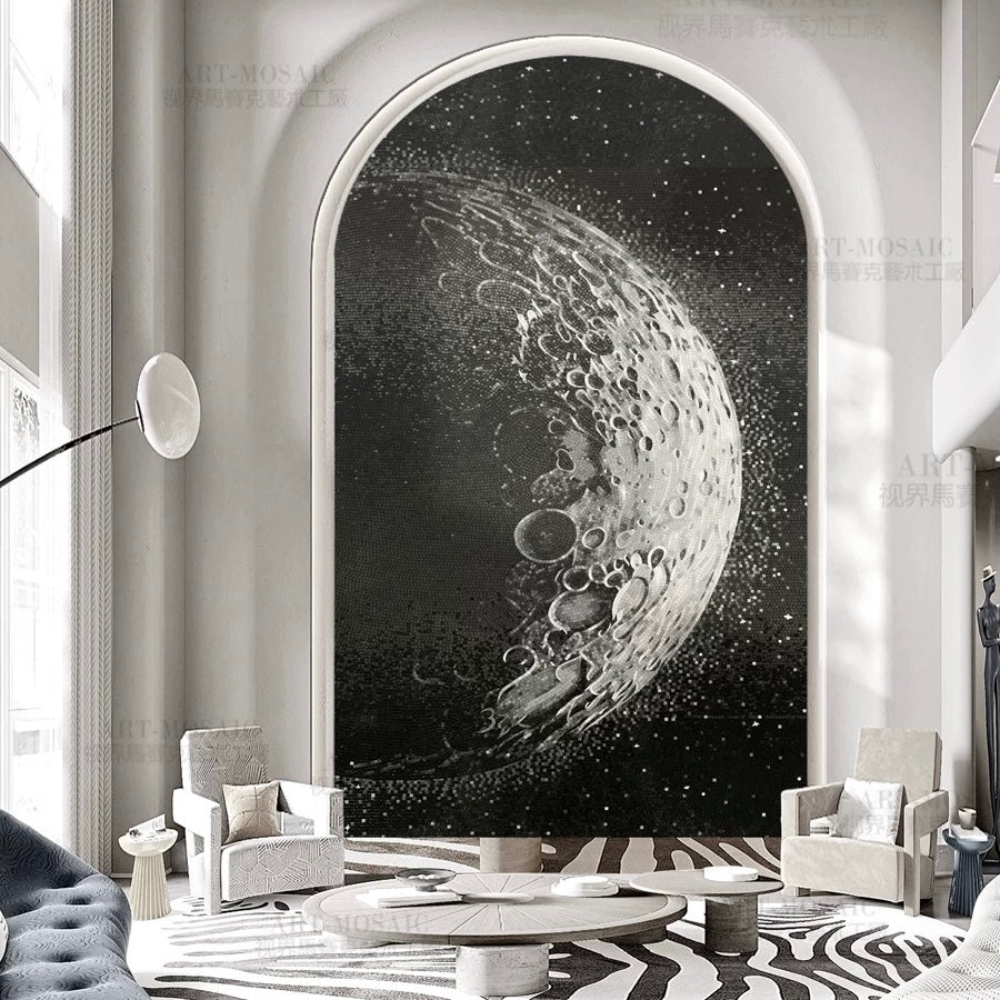 Living room with a large mosaic wall mural of a moon and stars