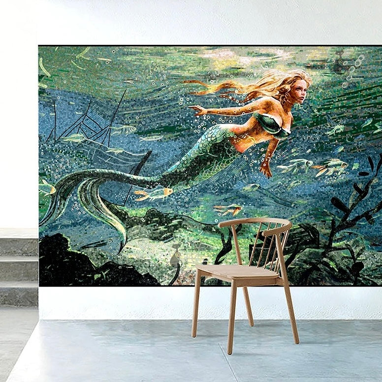 Custom Mermaid Mosaic Mural: Blonde Siren Glass Tile Wall Art