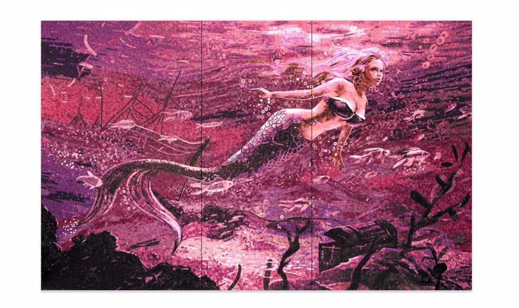 Artistic depiction of a mermaid in a fantasy setting with pink and purple hues.