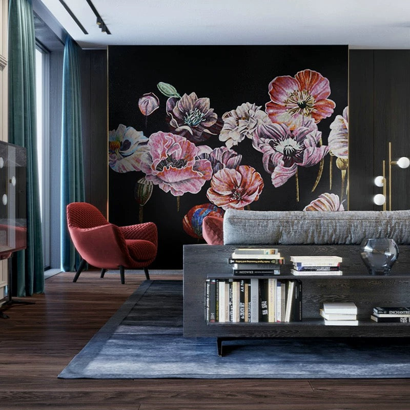 Dramatic Custom Poppy Flower Glass Mosaic Mural - Dark Floral Art