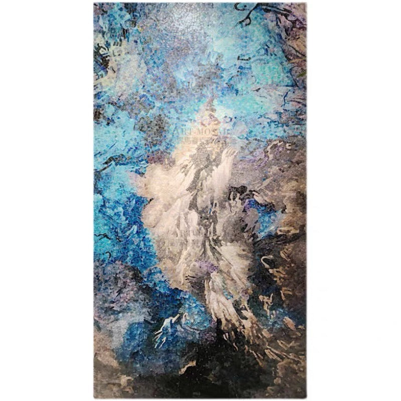 Abstract art piece with blue, gray, and white colors on a white background
