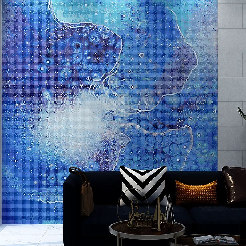 Custom Abstract Blue Nebula Glass Mosaic Mural - Celestial Wall Art