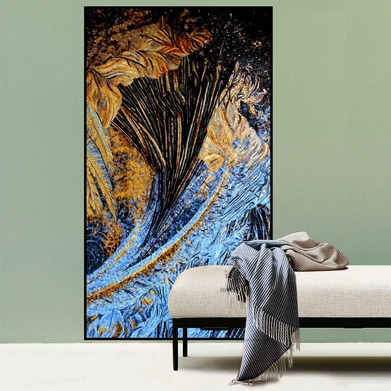 Custom Abstract Gold & Blue Glass Mosaic Mural | Luxury Modern Wall Art