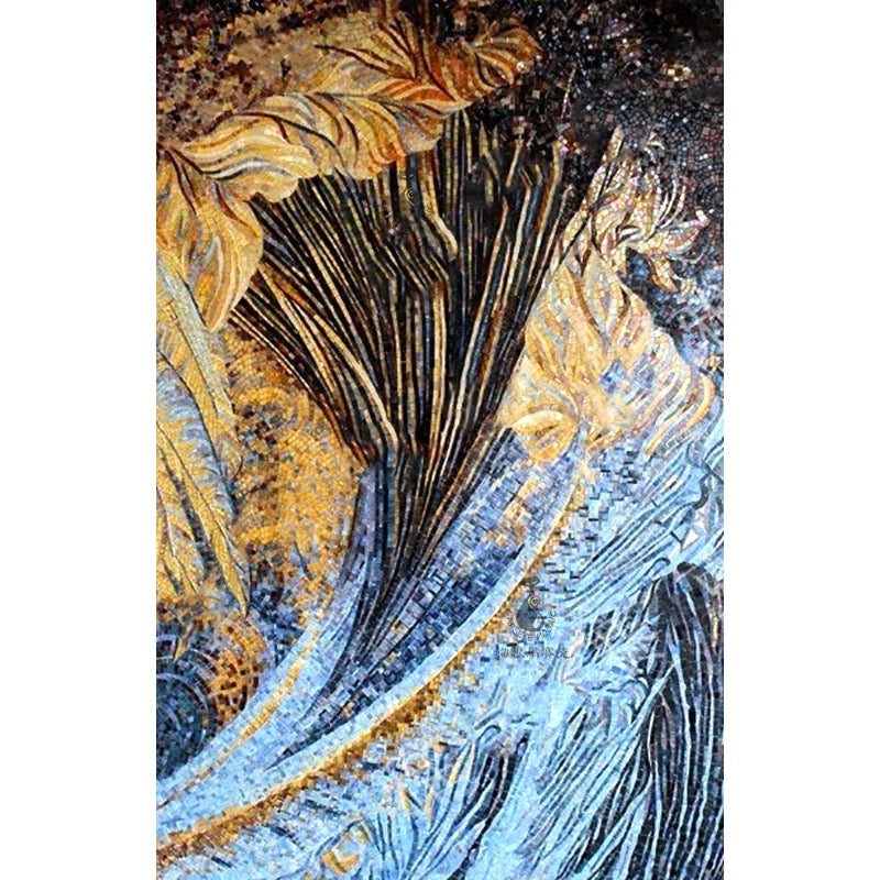 Close-up of a textured surface with gold, black, and blue colors