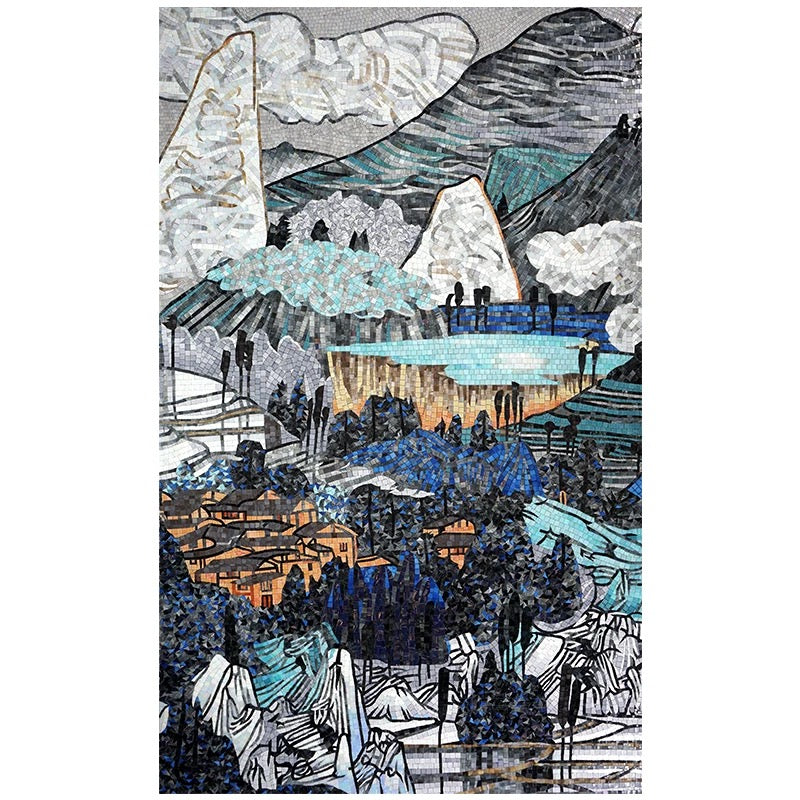 Mosaic artwork depicting a mountainous landscape with a village.