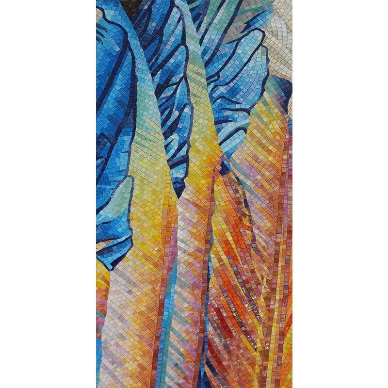 Colorful mosaic art piece with abstract design on a white background