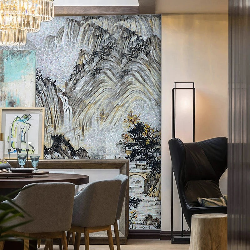 Modern interior with abstract wall art, dining table, and chairs.