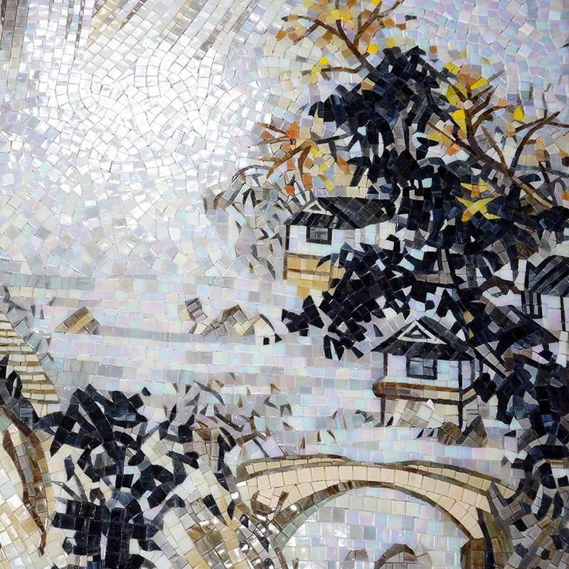 Mosaic artwork of a landscape with trees and buildings