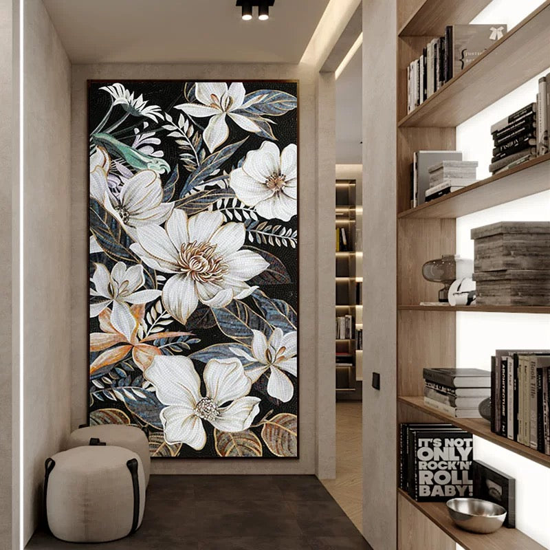 Decorative floral mosaic wall mural art in a modern interior setting with bookshelves.