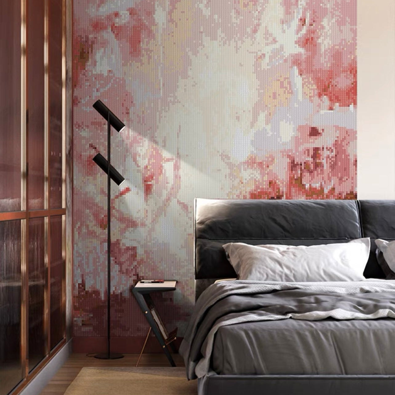 Modern bedroom with abstract wall art, bed, and floor lamp.
