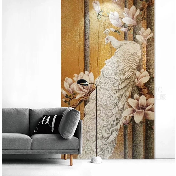 Decorative mosaic wall mural with a peacock and floral design in a living room setting.