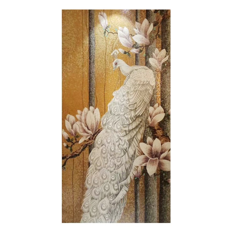 Decorative panel with a peacock and floral design on a gold background