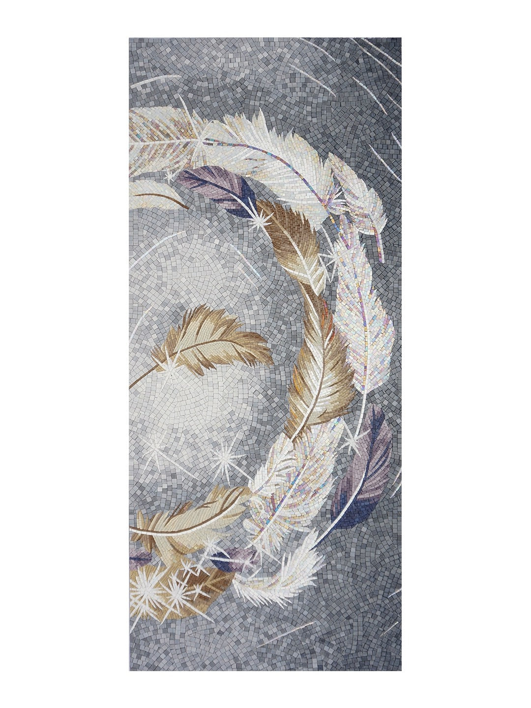 mosaic mural with feather design on a gray background