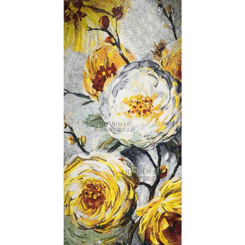 Mosaic art with yellow flowers and a crystal ball on a white background