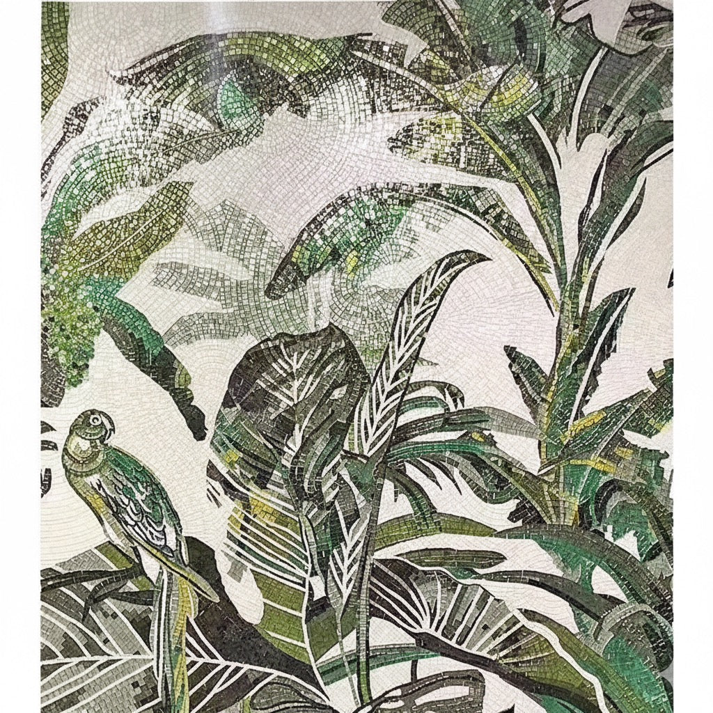 Custom Lush Tropical Glass Mosaic Mural - Rainforest Leaf & Parrot Art