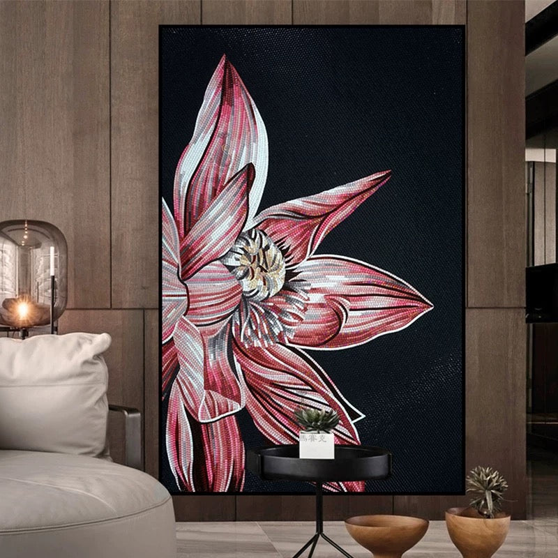 Decorative painting of a pink flower on a black background in a modern interior setting.