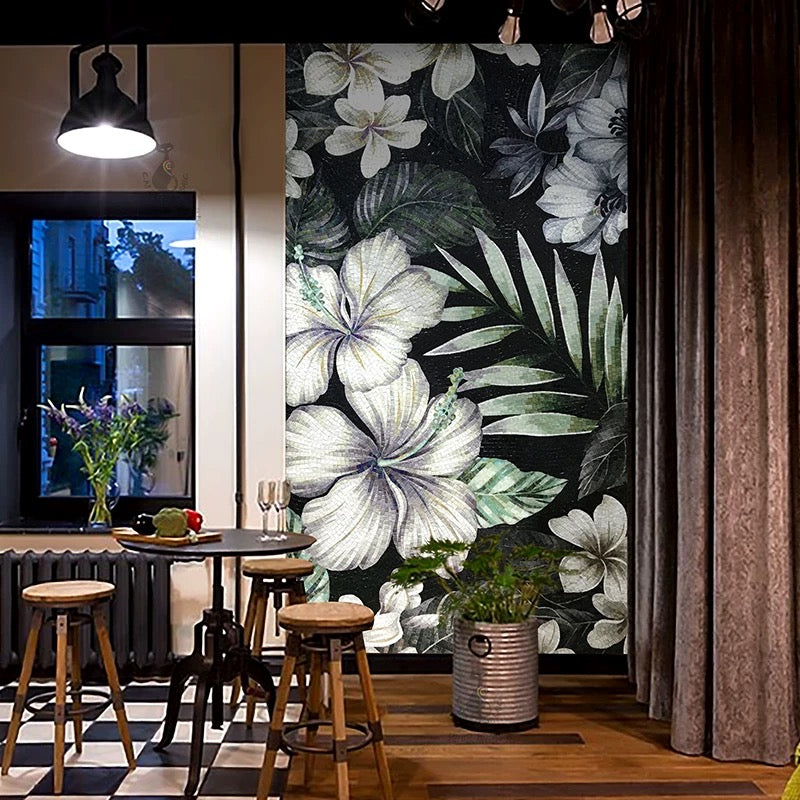 Luxury Tropical Hibiscus Glass Mosaic Mural - Dark Botanical Wall Art