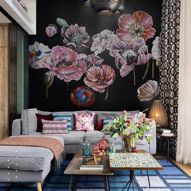 Dramatic Custom Poppy Flower Glass Mosaic Mural - Dark Floral Art