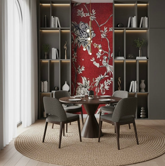 Exquisite Custom Glass Mosaic Mural - "Scarlet Chinoiserie" Floral & Bird Art