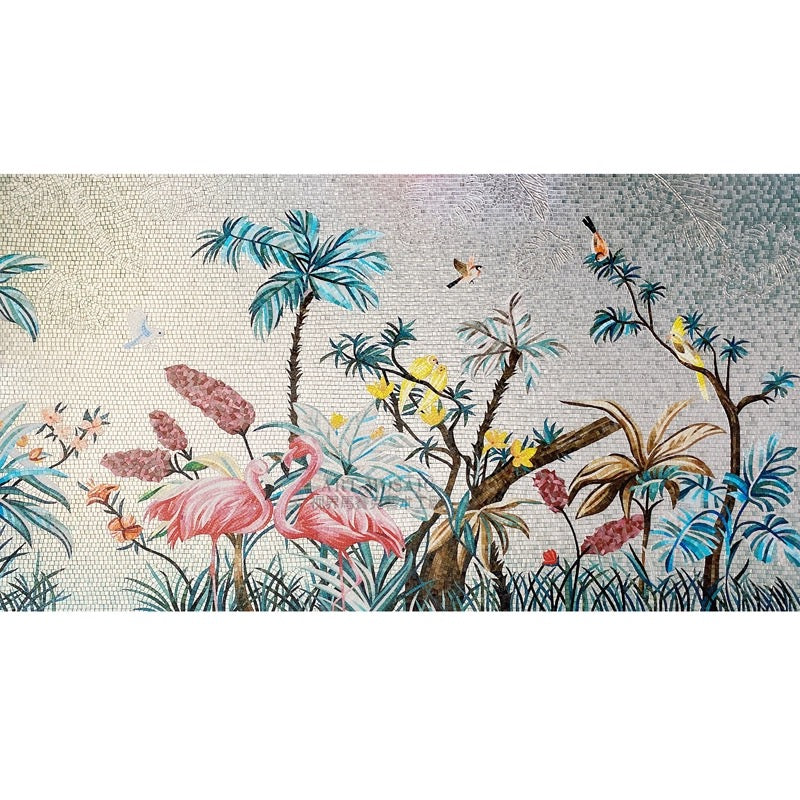 Decorative mosaic with flamingos, palm trees, and birds on a white background