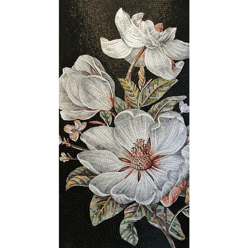 Custom White Magnolia Flower Glass Mosaic Mural for Luxury Wall Art
