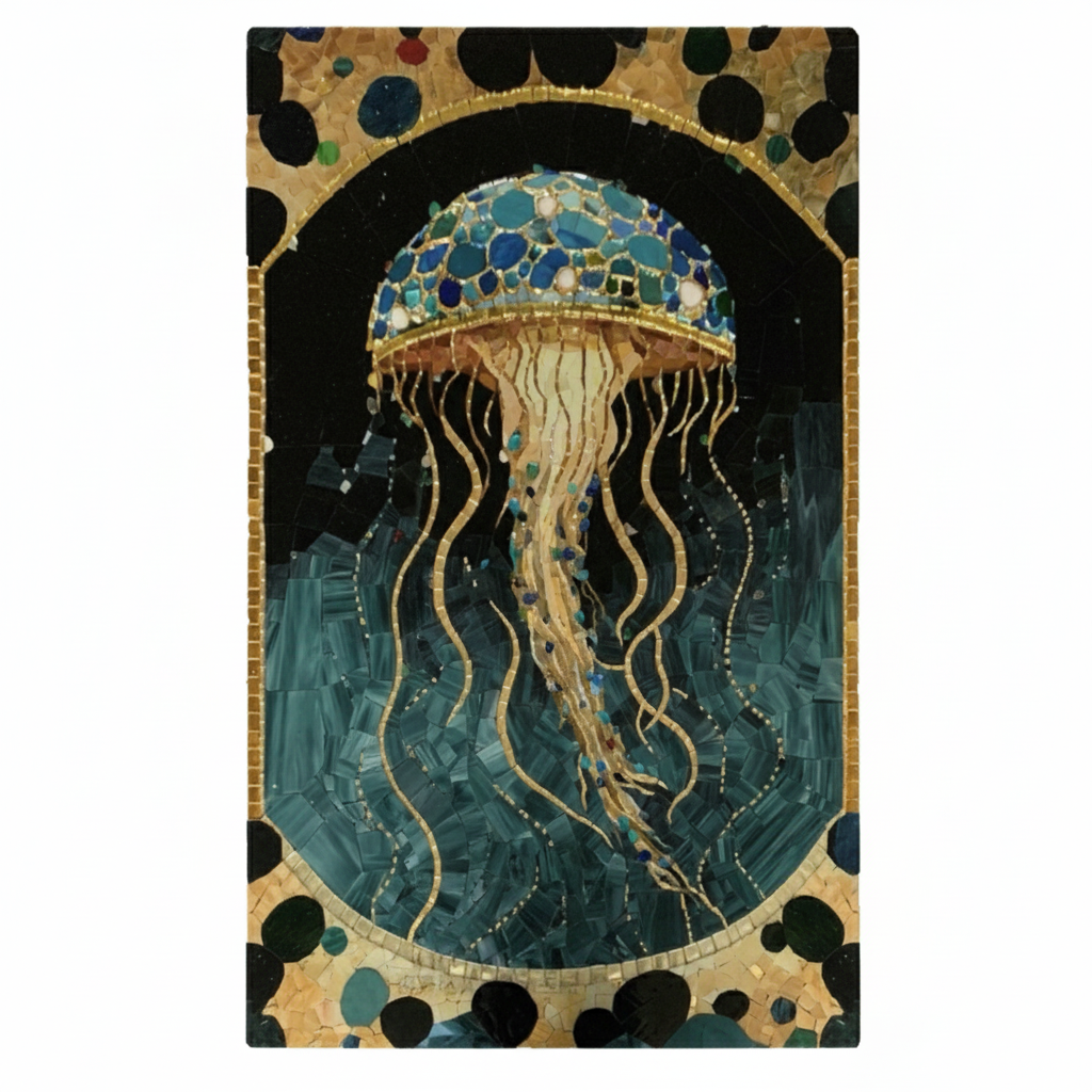 Decorative rug with a mosaic design of a jellyfish on a black background
