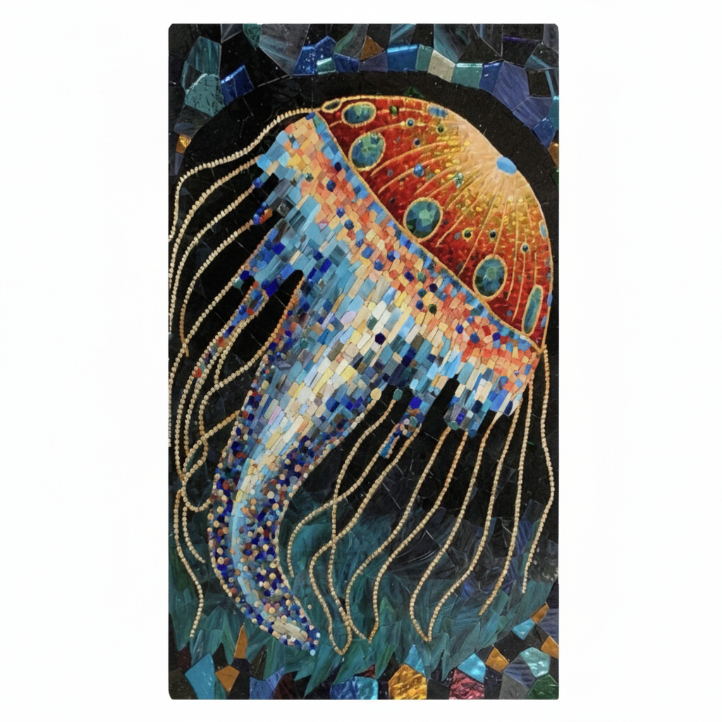 Mosaic artwork of a jellyfish with multicolor patterns on a black background