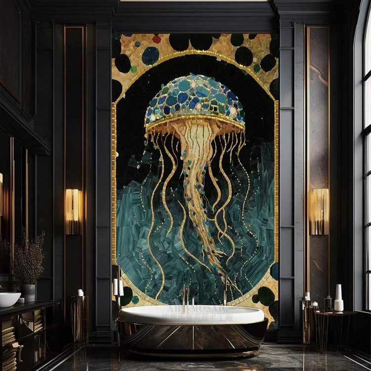 Custom Jellyfish Mosaic: Blue & Gold Glass Tile Mural for Luxury Bathrooms