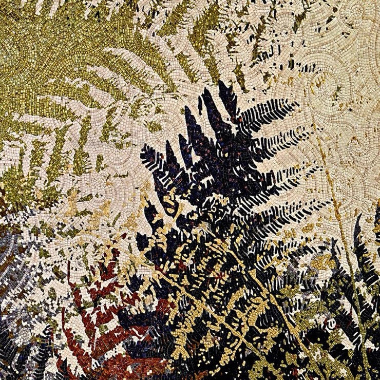 Custom Fern Mosaic Mural: Luxe Gold & Black Forest Glass Tile Wall Art
