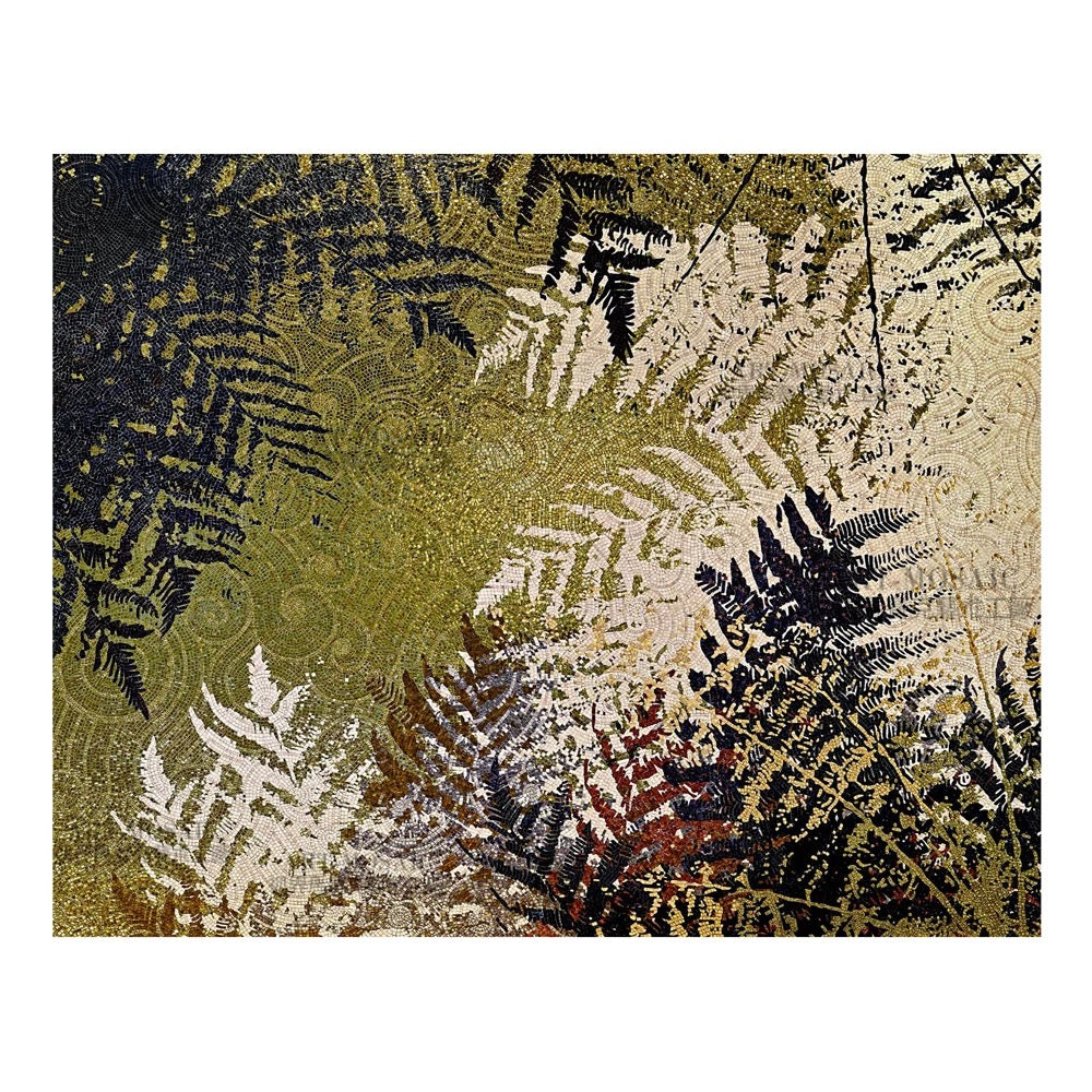 Custom Fern Mosaic Mural: Luxe Gold & Black Forest Glass Tile Wall Art