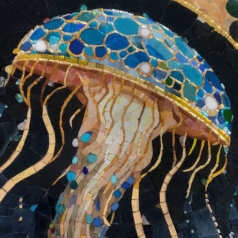 Custom Jellyfish Mosaic: Blue & Gold Glass Tile Mural for Luxury Bathrooms