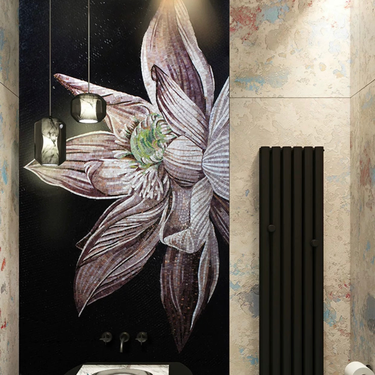Luxury Custom Floral Glass Mosaic Mural - Large Lotus Bathroom Wall Art