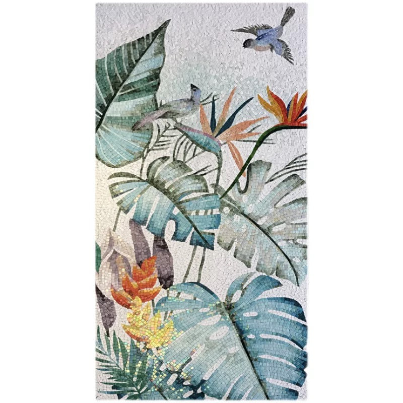 Custom Tropical Glass Mosaic Mural: Lush Jungle Birds & Leaves Wall Art