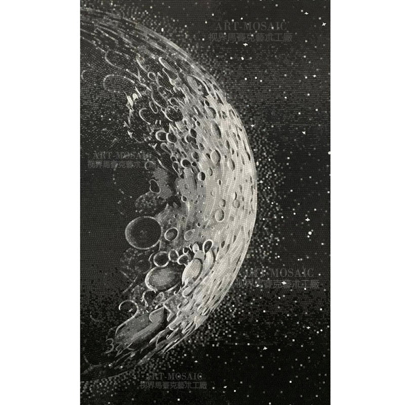 Black and white illustration of a moon with craters against a starry background