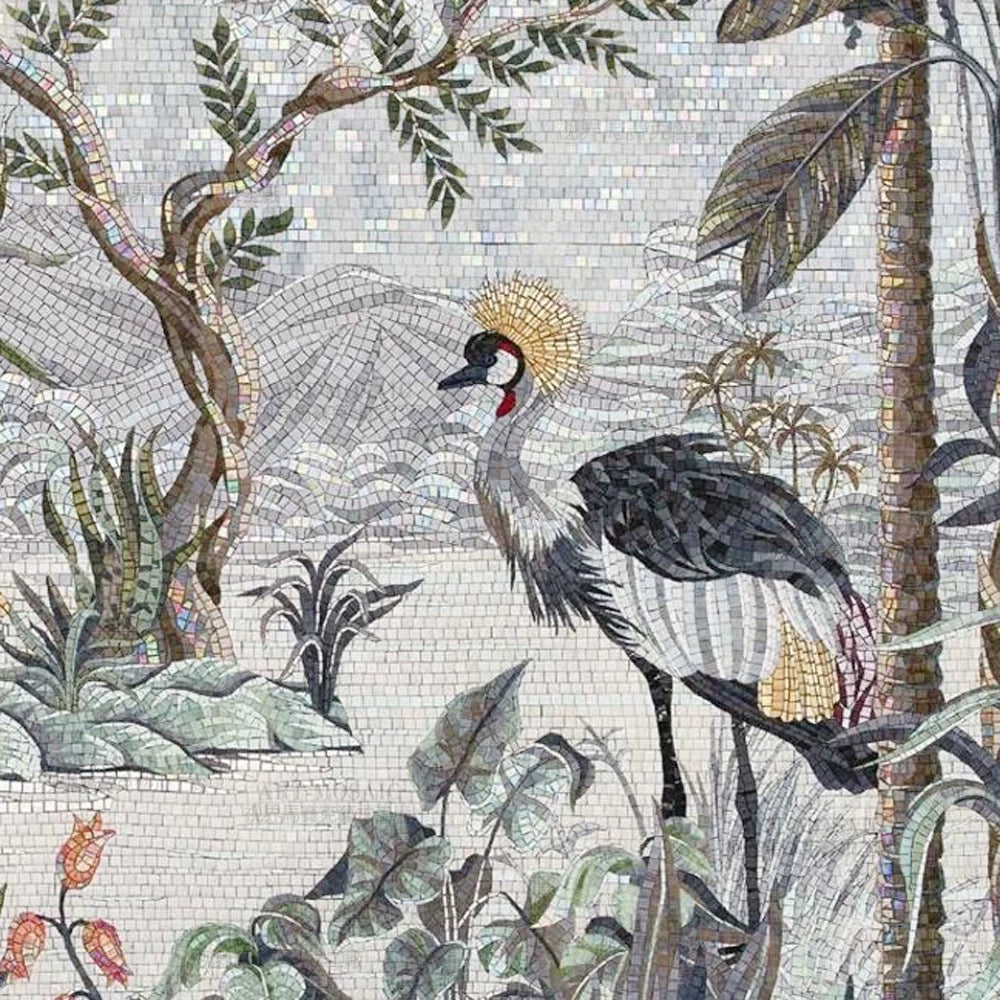 Luxury Crane Bird Tropical Landscape Custom Glass Mosaic Mural