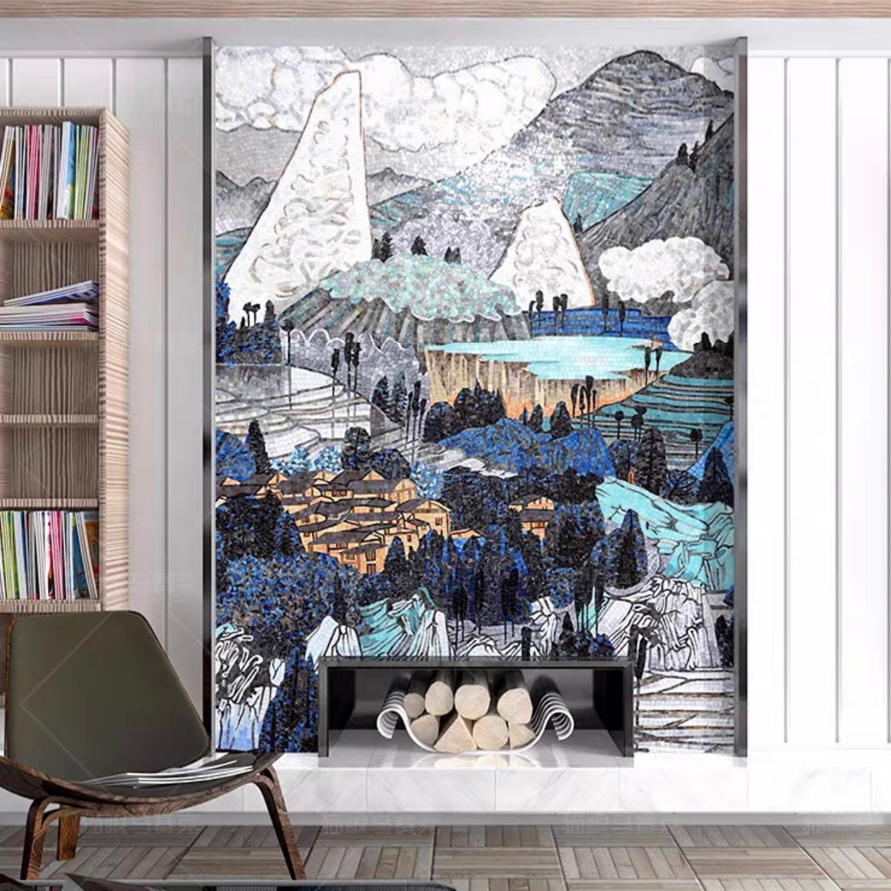mosaic mural of a mountainous landscape with a chair and bookshelf in the foreground.