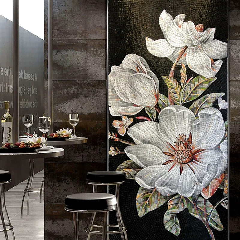 Custom White Magnolia Flower Glass Mosaic Mural for Luxury Wall Art