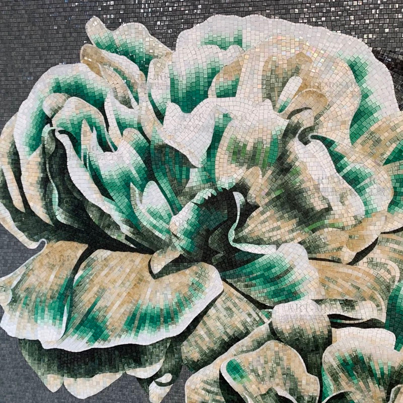 Mosaic artwork of a flower with green and beige tones on a dark background