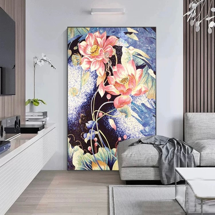 Vibrant Pink Lotus Custom Glass Mosaic Mural Contemporary Statement Wall Art