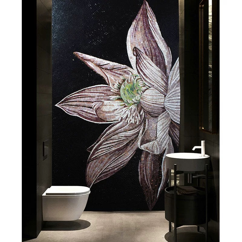 Luxury Custom Floral Glass Mosaic Mural - Large Lotus Bathroom Wall Art