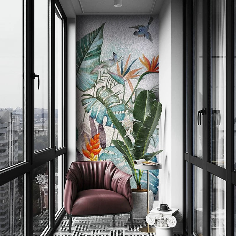 Custom Tropical Glass Mosaic Mural: Lush Jungle Birds & Leaves Wall Art