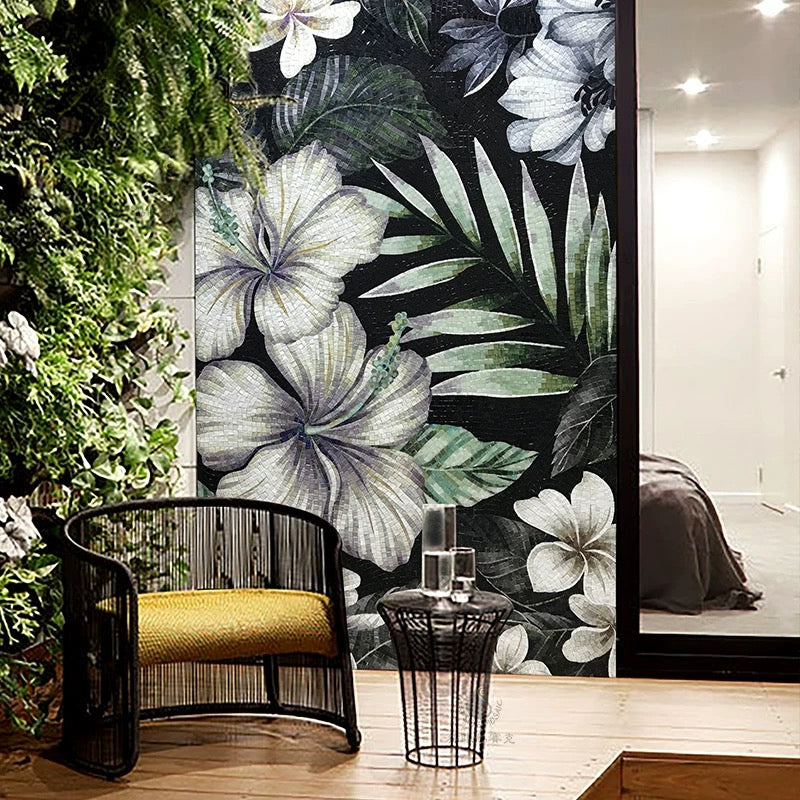 Luxury Tropical Hibiscus Glass Mosaic Mural - Dark Botanical Wall Art