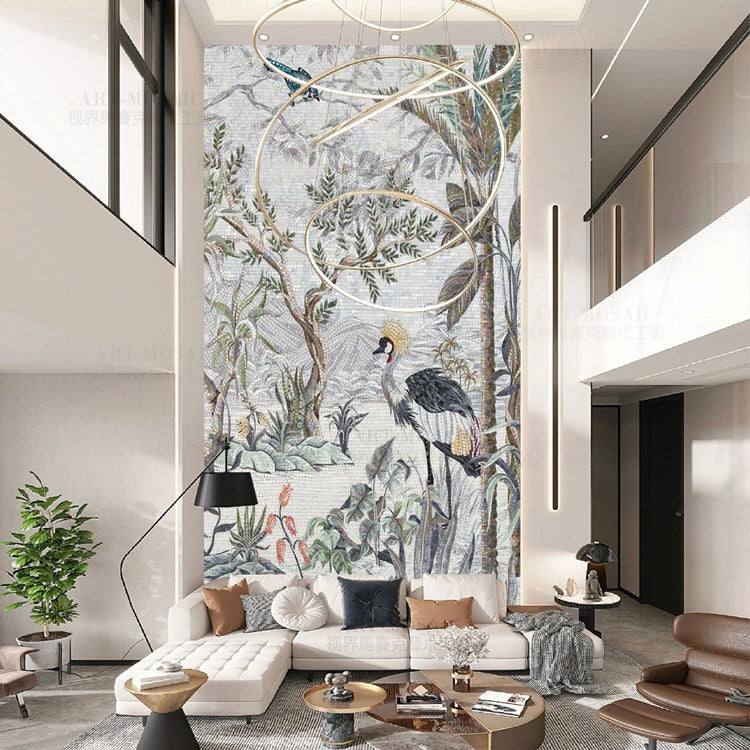 Luxury Crane Bird Tropical Landscape Custom Glass Mosaic Mural