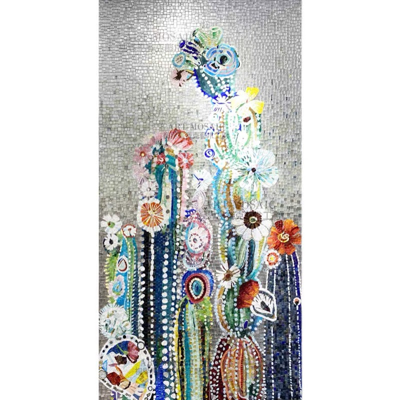 Mosaic artwork of desert flowers on a textured background