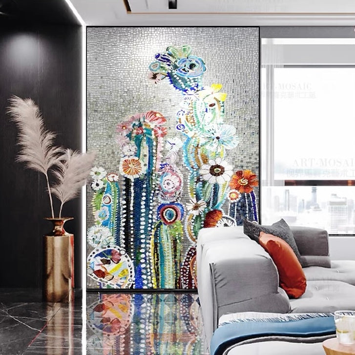 Decorative mosaic wall art in a living room setting with a vase and sofa.