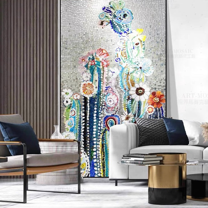 Modern living room with a decorative wall art piece featuring flowers and abstract elements.